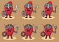 Cartoon of Dragon fruit Set Knight with shield. Hand up pose.
