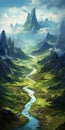 Serene Valley: A Fantasy-inspired Illustration Of A Majestic Mountain River Royalty Free Stock Photo