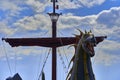 Dragons as a figurehead on the excursion ship Viking in the port of the Polish city of KoÃâobrzeg