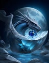 white dragon magic water under full moon and blue gem