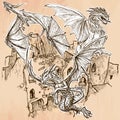 Dragons - An hand drawn vector. Line art.