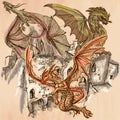 Dragons - An hand drawn vector. Line art.