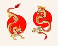 Dragons on the red circle. Oriental trendy print.