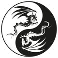 Dragons in Yin and yang circle - Dragon symbol tattoo, black and white vector illustration