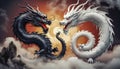 Dragons Yin and Yang, warriors of opposites. Two fantastic Chinese dragons. Year of the Dragon according to the eastern