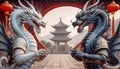 Dragons Yin and Yang, warriors of opposites. Two fantastic Chinese dragons. Year of the Dragon according to the eastern