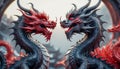 Dragons Yin and Yang, warriors of opposites. Two fantastic Chinese dragons. Year of the Dragon according to the eastern
