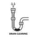 Drain cleaning, sink siphon pipe clog icon. Water sewage piping cleaner. Unclog toilet sewer. Clean of sewerage pipeline vector