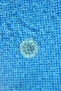 Drain hole in the pool with blue tile. Clean water