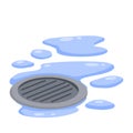 Drain in plumbing. Sink hole on floor. Blue puddle and drops of water. Royalty Free Stock Photo