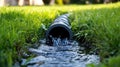 A drainage pipe surrounded by grass, with water flowing out, representing effective water management Royalty Free Stock Photo