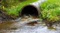A drainage pipe surrounded by grass, with water flowing out, representing effective water management Royalty Free Stock Photo