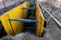 Drainage works on the construction site. Pumping groundwater from dug trenches during the laying of a new pipeline. Sewer repair