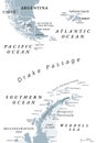 Drake Passage, Mar de Hoces, or Hoces Sea, gray political map