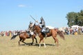 Drakino, Russia, August, 22, 2015, men in suits of warriors of Ancient Russia on horses, reconstraction of the battle