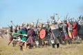 Drakino, Russia, August, 22, 2015, men in suits of warriors of Ancient Russia on horses, reconstraction of the battle