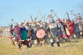 Drakino, Russia, August, 22, 2015, men in suits of warriors of Ancient Russia on horses, reconstraction of the battle