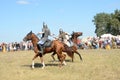 Drakino, Russia, August, 22, 2015, men in suits of warriors of Ancient Russia on horses, reconstraction of the battle