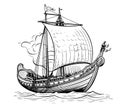 Drakkar floating on the sea waves. Hand drawn design element sailing ship. Vintage vector engraving illustration for