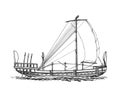 Drakkar, old sailing ship, graphic hand drawing. Sea or river transport, an isolated object. Vector