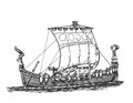 Drakkar, old sailing ship, graphic hand drawing. Sea or river transport, an isolated object. Vector