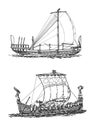 Drakkar, old sailing ship, graphic hand drawing. Sea or river transport, an isolated object. Vector