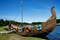 Drakkar, Viking boat moored near the grassy shore. Round shields on the housing
