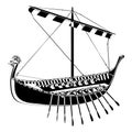 Drakkar. Viking rowing Ship in outline style. Norman ship sailing.