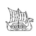 Drakkar Viking ship. Medieval military boat with sails and shields.