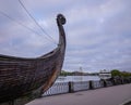 Drakkar Viking wooden boat on the waterfront