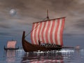 Drakkars or viking ships - 3D render Royalty Free Stock Photo