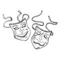 Drama mask sketch, funny and sad faces. Hand drawn monochrome graphic