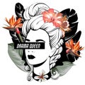 Drama queen. Vector hand drawn illustration of pretty girl with flowers and palm leaves isolated Royalty Free Stock Photo