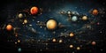 Dramatic abstract space solar landscape. Planets, stars, and moons in a supernova. Science fiction art.