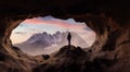 Dramatic Adventurous Scene with Woman standing inside a Rocky Cave Landscape.