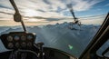 View from helicopter cockpit with instruments showing a second helicopter flying over majestic mountain range at sunset Royalty Free Stock Photo