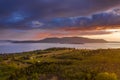 Dramatic Aerial Sunset View of Orcas Island, Washington.