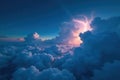 A dramatic aerial view of a lightning strike illuminating a sea of clouds at sunset. Generative AI Royalty Free Stock Photo
