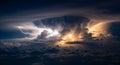Dramatic aerial view of a powerful thunderstorm with bright lightning strikes illuminating dark, stormy clouds Royalty Free Stock Photo