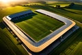 A dramatic aerial view of a rugby pitch, showcasing the intricate patterns of the field markings