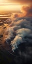 Dramatic Aerial View: Smoke Burning Above Water And Clouds