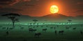 Dramatic African landscape with wildebeest herd under a vivid sky at sunset Royalty Free Stock Photo