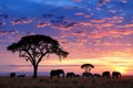 Dramatic African Sky Over Elephant and Zebra Silhouettes. Generative AI Royalty Free Stock Photo