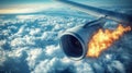 Dramatic aircraft incident in flight with engine fire, blue sky, and fluffy clouds on the horizon Royalty Free Stock Photo