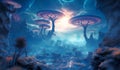 Dramatic alien landscape with majestic fungi-like formations above a misty blue terrain. Surreal sci fi panorama