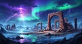 Dramatic ancient ruins under aurora borealis and lightning storm at night Royalty Free Stock Photo