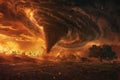 Dramatic Apocalypse Concept Art with Tornado and Flaming Sky Royalty Free Stock Photo