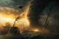 Dramatic Apocalypse Concept Art with Tornado and Flaming Sky Royalty Free Stock Photo