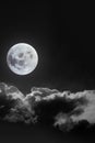 Dramatic atmosphere of bright and beautiful midnight full moon with clouds on peaceful dark night summer clear sky. Moon image