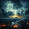 Dramatic atmosphere of cloudy weather and lightning striking urban and rural areas